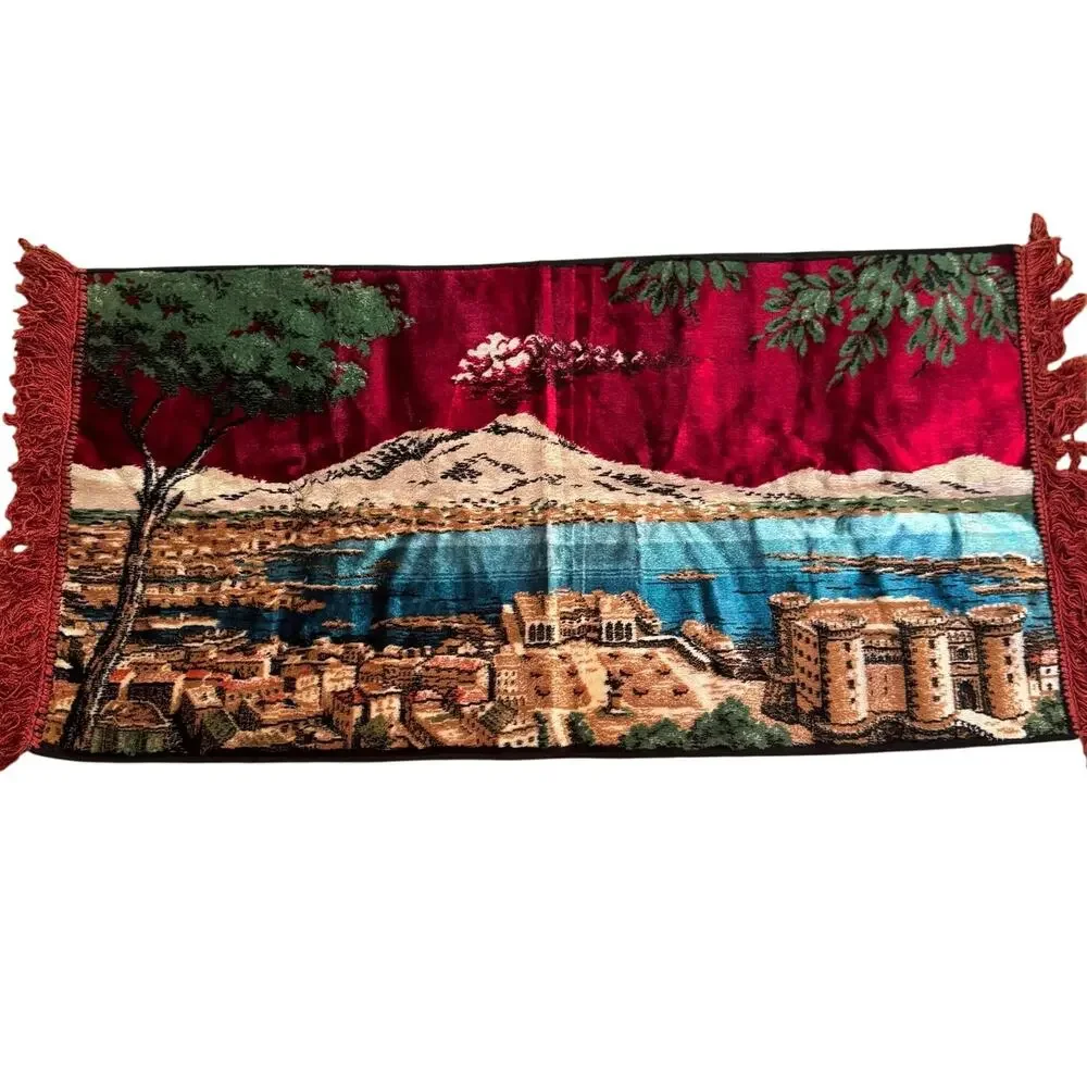 Vintage Gulf of Naples Italy Velvet Tapestry Fringed Wall Hanging Mt Vesuvius